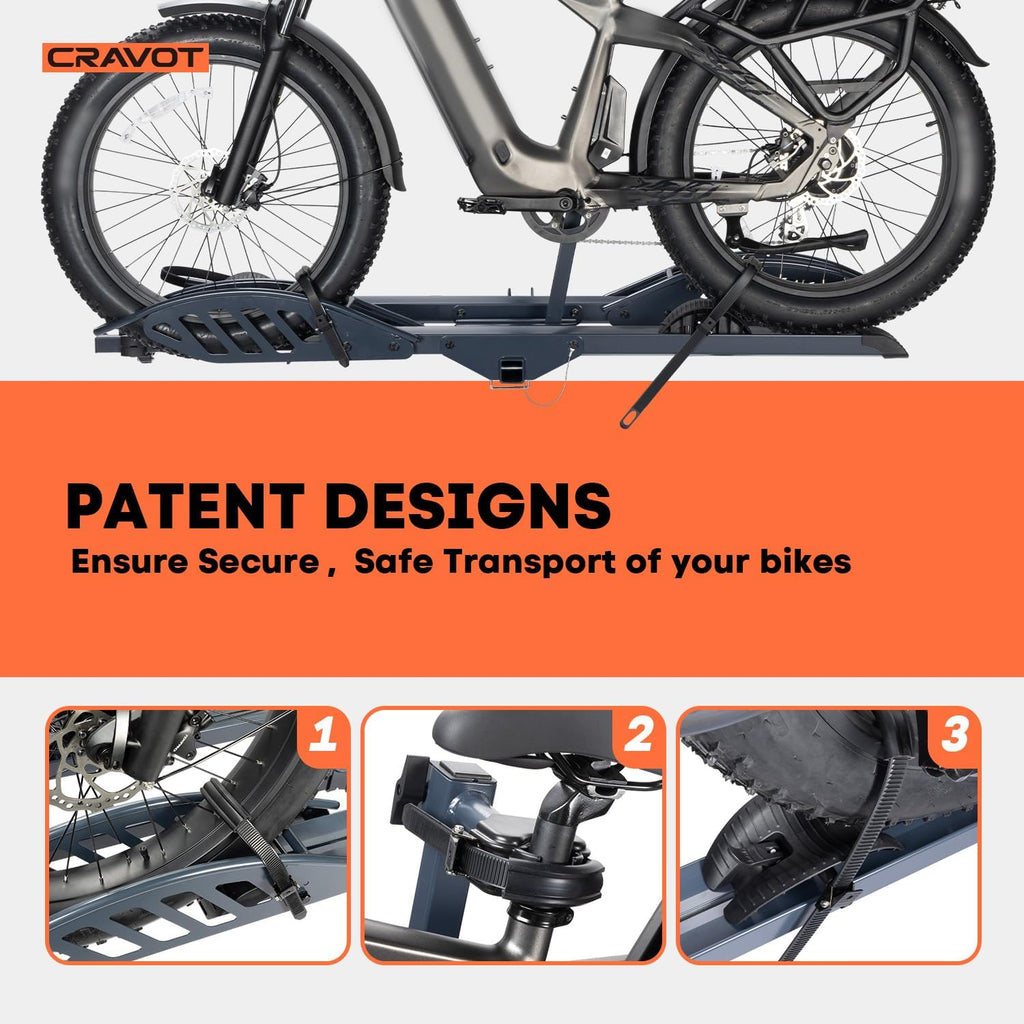 CyberRack E2 Hitch 2 E-Bike Rack with Ramp,200 lbs Capacity Electric Bike Carrier Foldable Platform Mount, Up to 5-inch Fat Tire Bicycle for 2'' Receiver Cars Trucks SUVs Minivans RV, Trailer