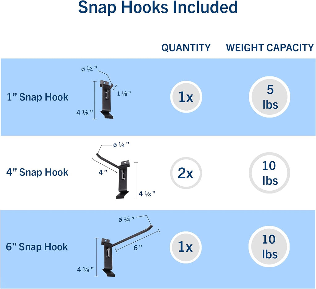 8 Pack Heavy Duty Slatwall Hooks, Black, Snap & Heavy-Duty Hooks Mix, Organize Garage, Storage, Tools, Sports Gear, Cords