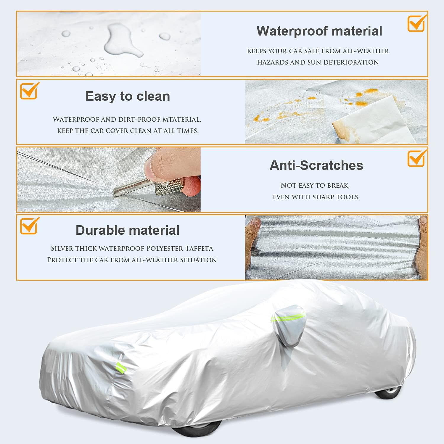 Car Cover, GORDITA Car Covers Waterproof All Weather Snowproof Windproof Scratch Resistant Outdoor UV Protection with 6 Reflective Strips, Size 3XL Universal Fit for Sedan (Up to 193")