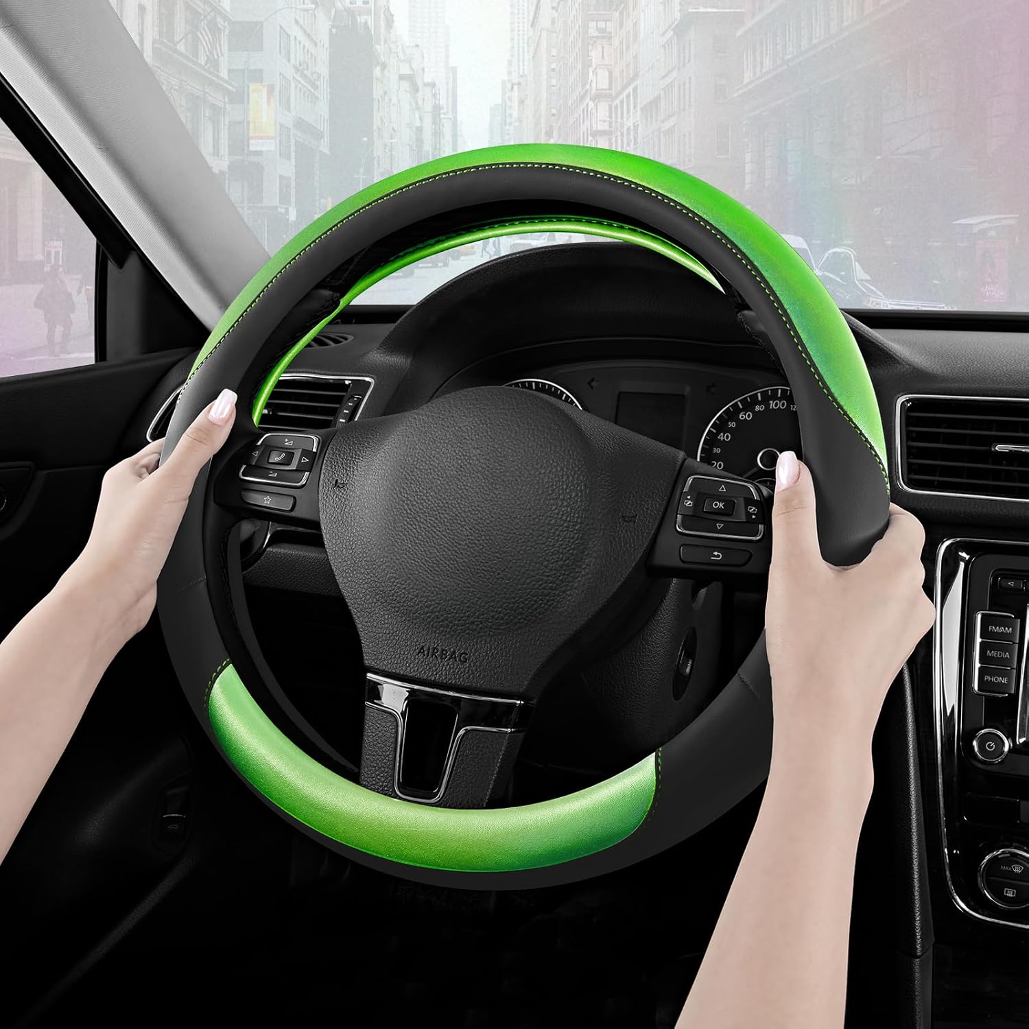 Road Comforts Steering Wheel Cover – Breathable Leather Steering Wheel Cover, Anti-Slip Grip, Universal Fit 14.5” to 15”, Heat & Cold Resistant for Cars, SUVs, and Trucks – Black & Green