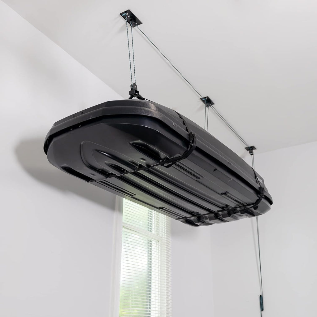 Teal Triangle Ceiling Storage Hoist for Cargo Box - Heavy Duty Garage Storage Lift - Garage Pulley Lift System Holds 150 lbs and Fits 8-10 ft Tall Garage Ceilings