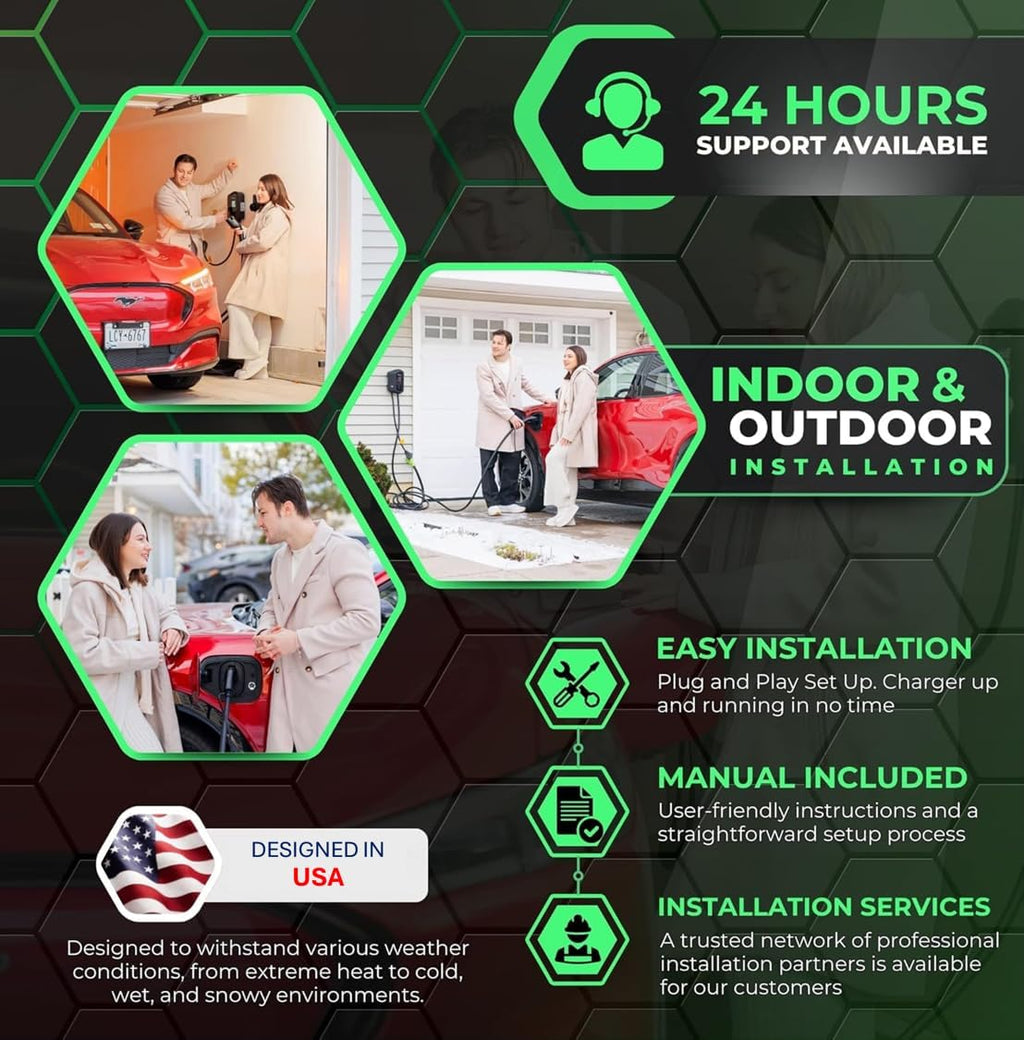 MACH 1: Fast 48 Amp Level 2 EV Charger, Wall-Mount Electric Vehicle Charging Station, 200-240V Hardwire or NEMA 14-50. J1772 car Connector & Tesla NACS, Indoor/Outdoor, 30ft Cable evse Adapter