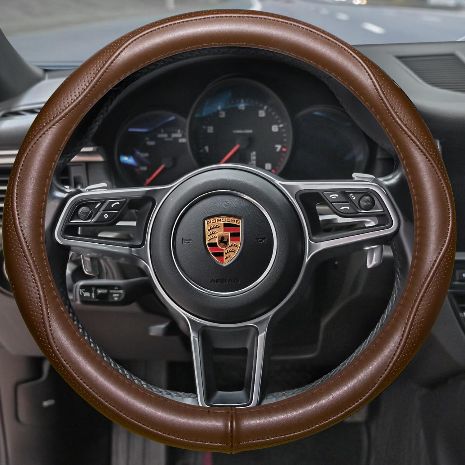 HAOKAY Top Grade Brown Genuine Leather Steering Wheel Cover Men Women, Luxury Steering Wheel Cover for Cars, SUVS and Trucks, Universal 14.5-15 inch
