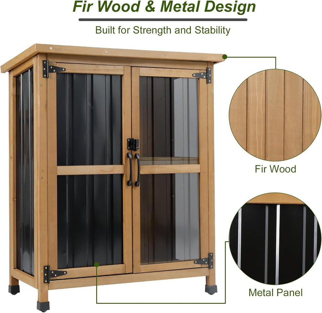 Outdoor Storage Cabinet Wood & Metal Small Storage Shed Waterproof Roof, Double Lockable Doors Garden Shed with Removable Shelves for Patio, Garden, Backyard, Lawn, 32" x 13" x 40" (Brown)