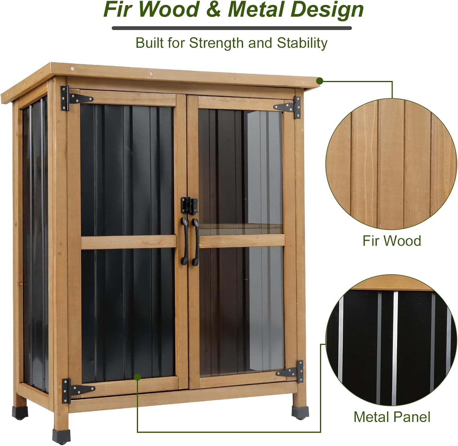 Outdoor Storage Cabinet Wood & Metal Small Storage Shed Waterproof Roof, Double Lockable Doors Garden Shed with Removable Shelves for Patio, Garden, Backyard, Lawn, 32" x 13" x 40" (Brown)