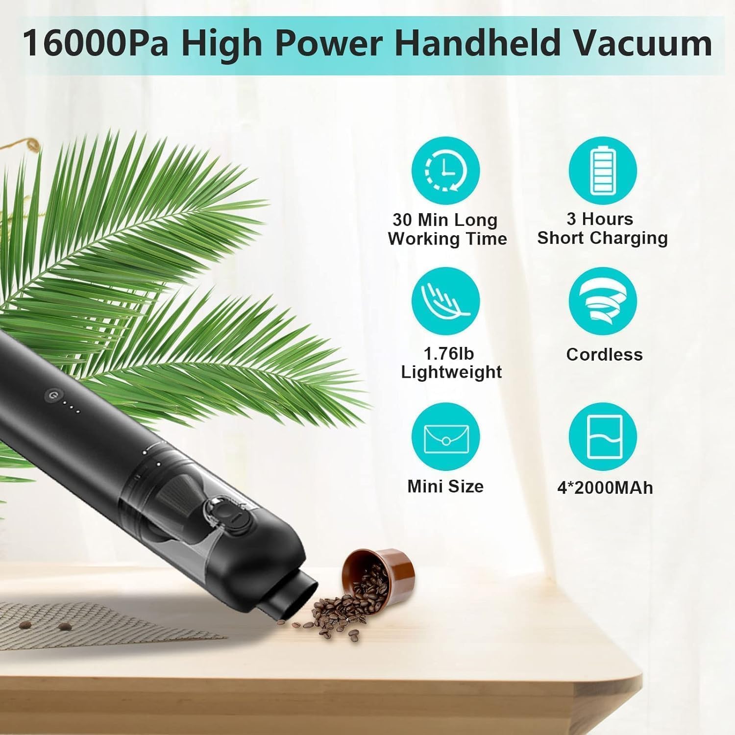 Car Vacuum Portable Cordless, 4-in-1 Handheld Vacuums Cordless, 16,000PA Strong Suction Portable Vacuum for Car, One-touch to Empty, Lightweight Air Dust Buster for Travel, Office, Pet Hair & Home