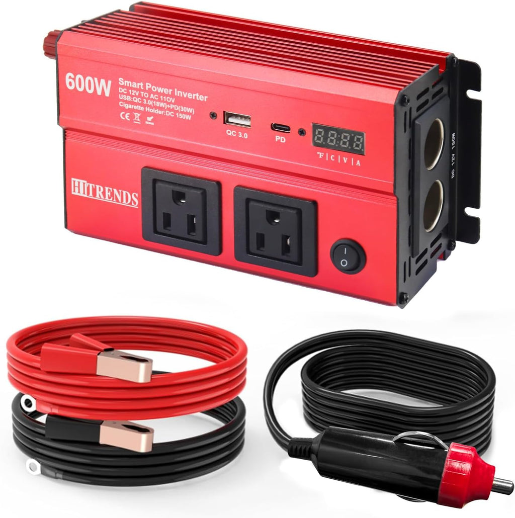 HITRENDS 600W Inverter for Car Power Inverters, 12V DC to 110V AC Converter with 3.0 A USB & PD 30W Type-C Port & 2 AC Outlets, 12 Volt Battery Inverter Car Cigarette Lighter for RV Truck