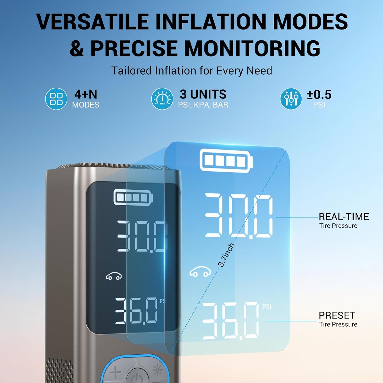 AVAPOW AP18 Tire Inflator Portable Air Compressor, 300% Faster 150 PSI Cordless Air Pump with Tire Pressure Gauge, 3.7″ Dual LCD Screen, Auto-Shuts Off Tire Pump for Car, Motorcycle, Bicycle, Gold