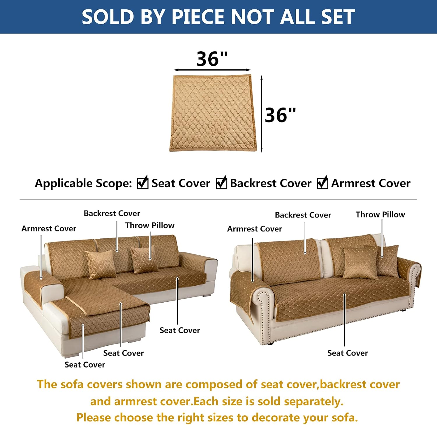 Eismodra Couch Cover,Sectional Couch Covers,Sofa Covers for 3 Cushion Couch,Anti-Slip Sofa Slipcovers for Dogs Cats Kids Loveseat Recliner L Shaped Armrest Backrest,Coffee 36''x36''(Only 1 Piece)