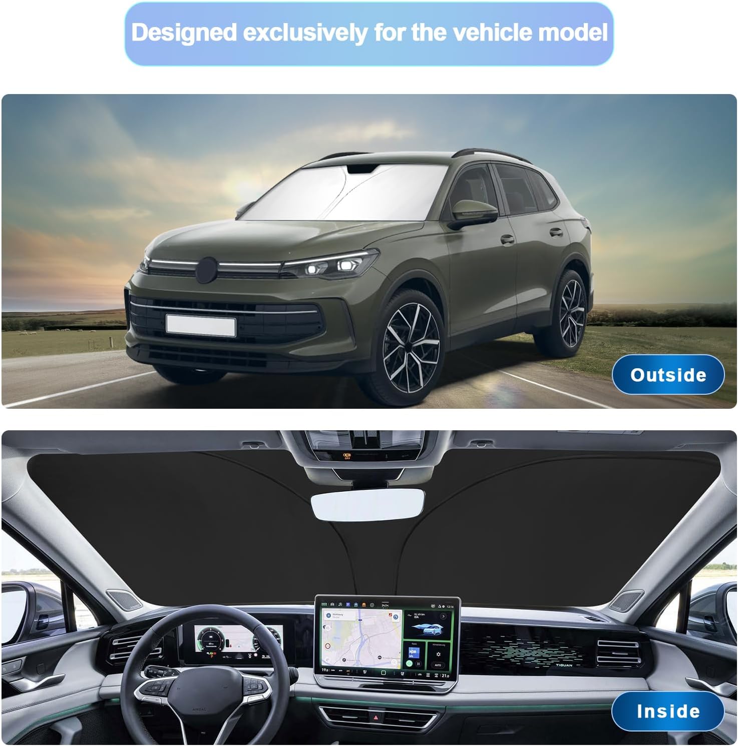 SXCY for 2025 VW Tiguan Windshield Sunshade for Volkswagen Tiguan 2025 Accessories 2025 Tiguan Sunshade Foldable Sun Shield 2025 Tiguan Sun Shade Block UV Rays