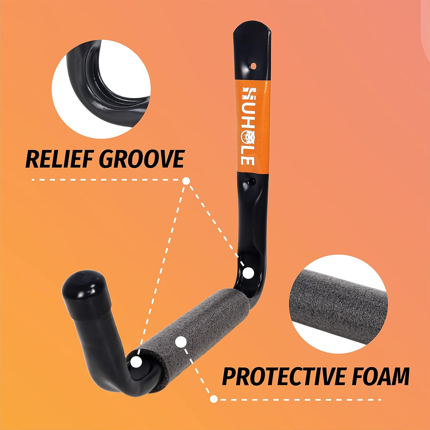 HUHOLE Heavy Duty Garage Ladder Hooks, 4PC, Black Wall Mount Ladder Hangers with 13.6" Jumbo Arm
