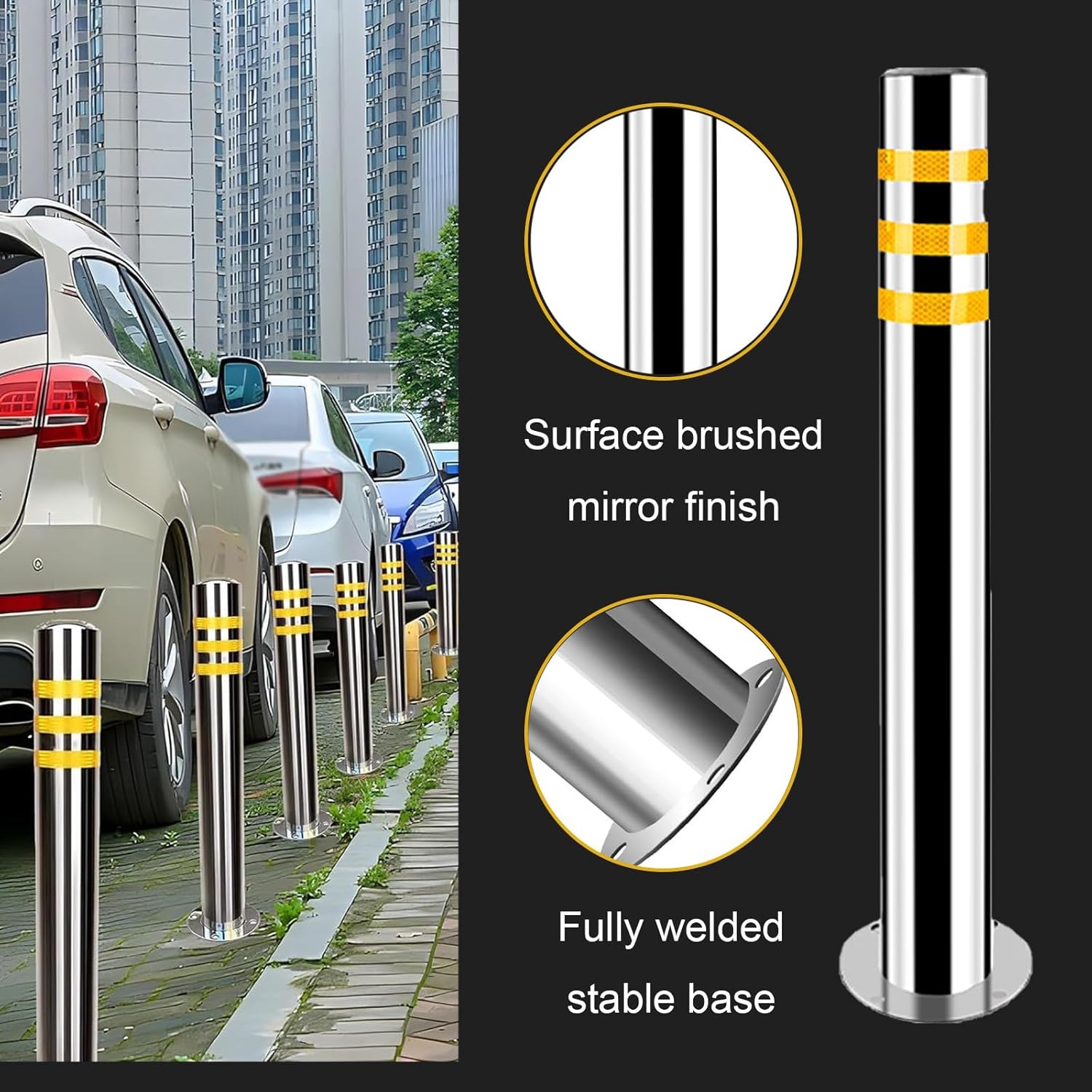 Stainless Steel Parking Bollards for Driveway, Industrial Safety Bollards Reflective Channelizer Post, Parking Barrier, Sturdy and Durable, Easy to Install, for Crowd Control(Silver (4pcs),8.9*100cm/3