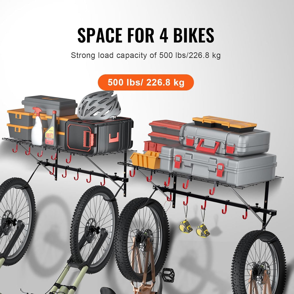 VEVOR Bike Storage Rack, 4 Bike Racks, Wall Mount Bike Storage Hanger with 2 Shelves, Home and Garage Organizer, Customizable for Various Bike Sizes, Adjustable Holder, Holds Up to 500 lbs, 63-inch