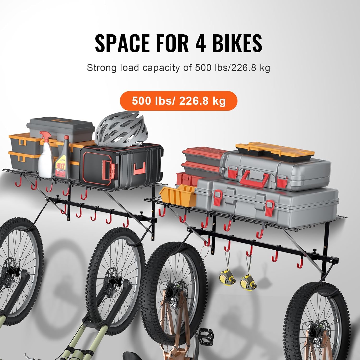 VEVOR Bike Storage Rack, 4 Bike Racks, Wall Mount Bike Storage Hanger with 2 Shelves, Home and Garage Organizer, Customizable for Various Bike Sizes, Adjustable Holder, Holds Up to 500 lbs, 63-inch