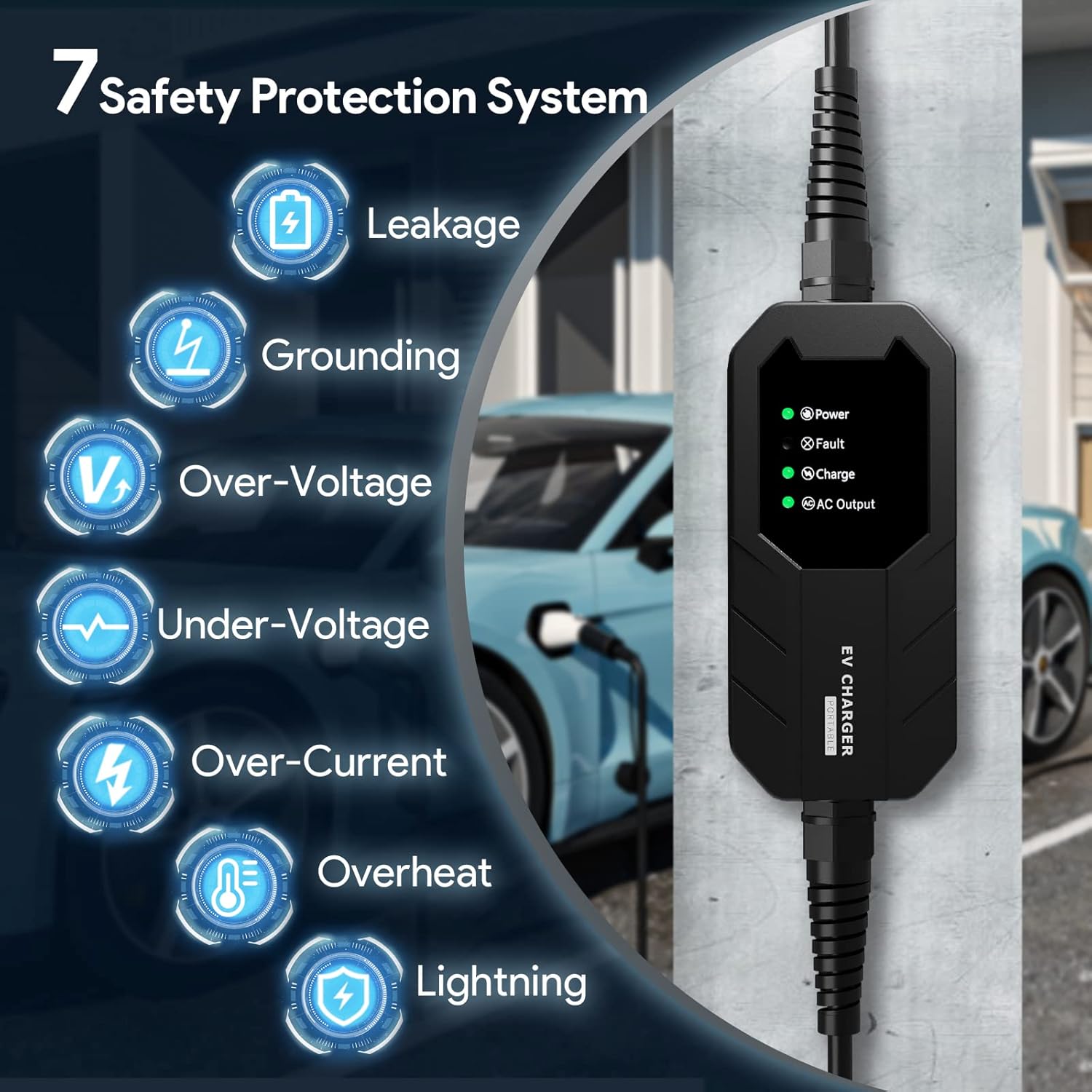 Skysword Ⅱ Level 1 EV Charger (110V, 16A, 25ft), EVSE Home Electric Vehicle Portable Charging Station (NEMA 5-15 Plug)