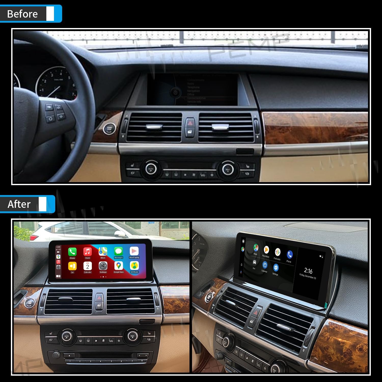 PEMP Linux Vertical Screen E70 E71 CIC Wired and Wireless CarPlay Retrofit Android Auto Mirror Link Car Screen for BMW X5 X6 (2010-2012) with a 720P AHD Reverse Camera