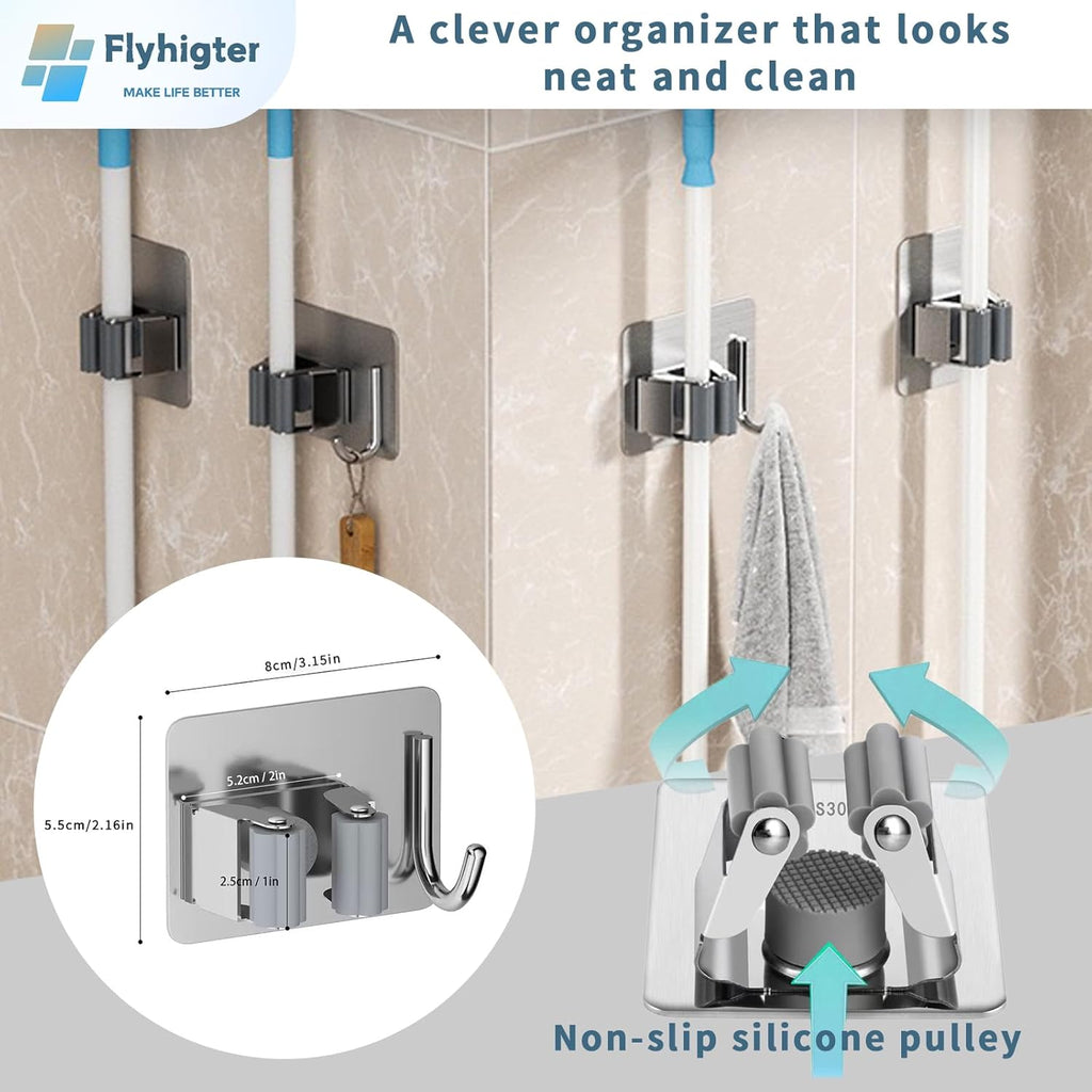 Stainless Steel Mop Holder Wall Mount – 4 Pack Heavy-Duty Broom Organizer with Strong Grip, Adhesive or Nail-Free Glue Installation for Bathroom, Kitchen, Garage