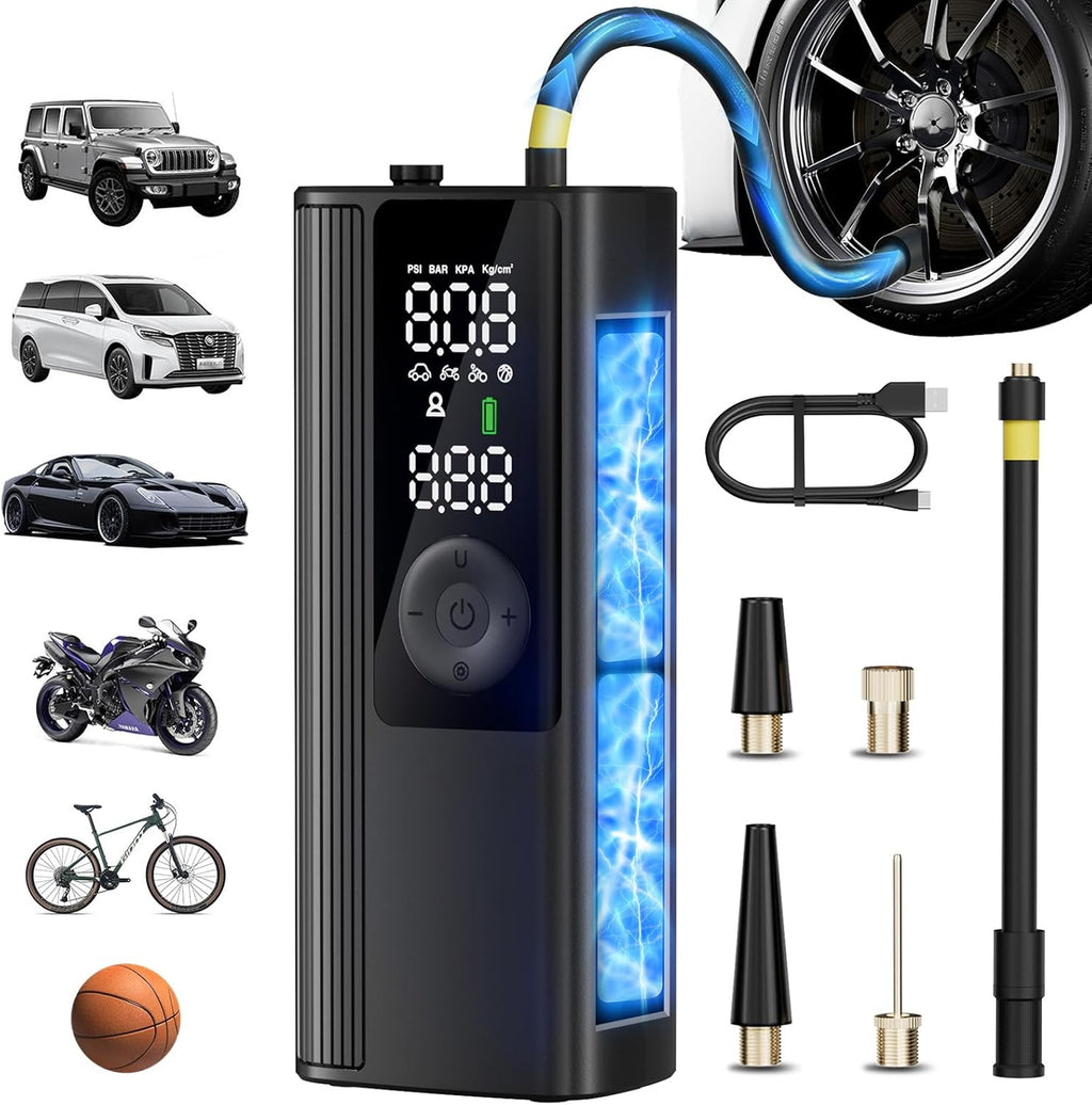 Tire Inflator Portable Air Compressor, Cordless Air Pump for Car Tires with Digital Pressure Gauge, 150 PSI Fast Tire Inflator for Car, Motorcycle, Bicycle - LED Light and Auto Shut-Off