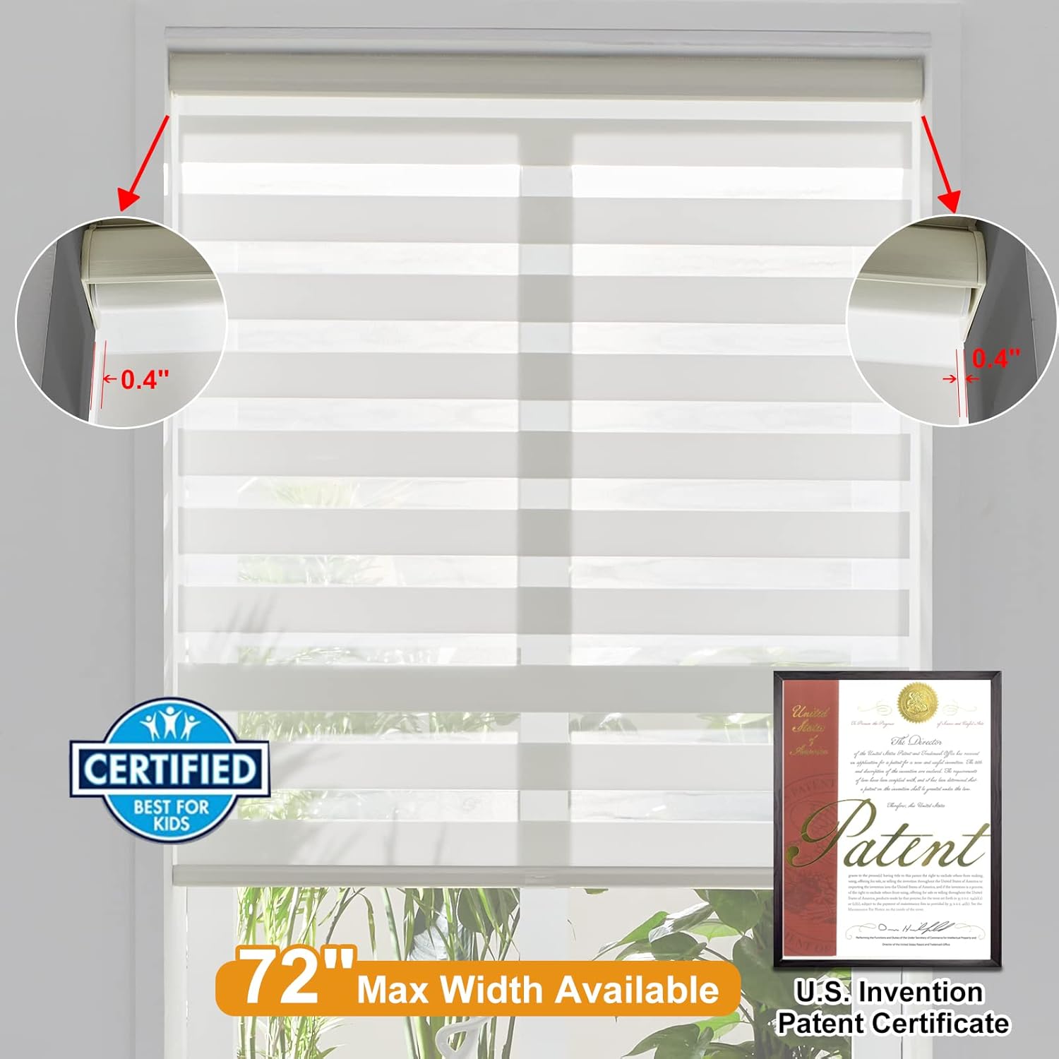Persilux Cordless Zebra Blinds for Windows (58" W X 72" H, Cream) Free-Stop Roller Windows Shades Dual Layer Light Control for Day and Night, Light Filtering Sheer Shades for Home, Easy to Install