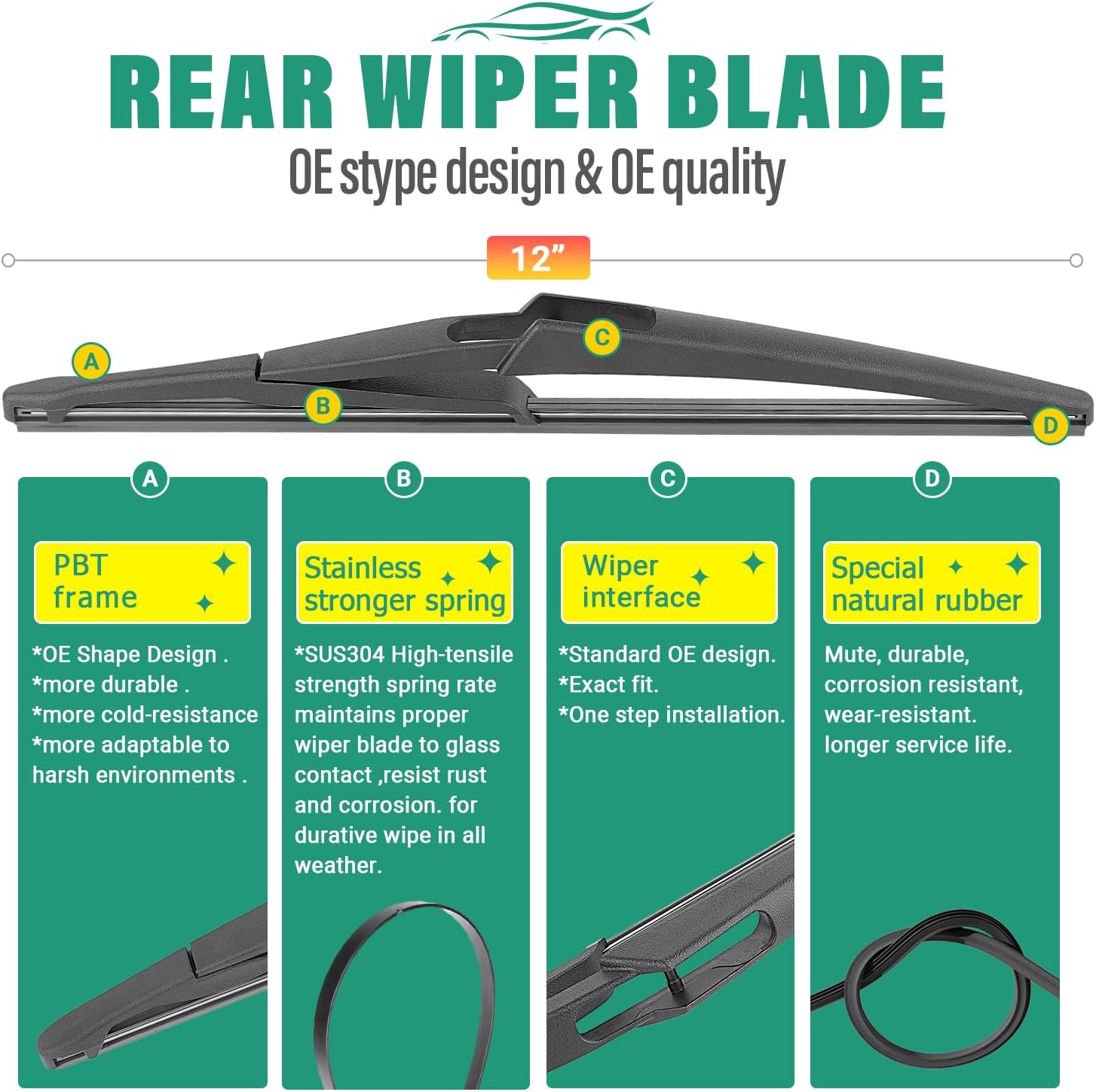 28" 26" 12" Windshield Wiper Blades Replacement for Ford CMax C-Max 2013 2014 2015 2016 2017 2018 Premium All Weather Front Rear Wipers Set - OEM Quality (Pack of 3)