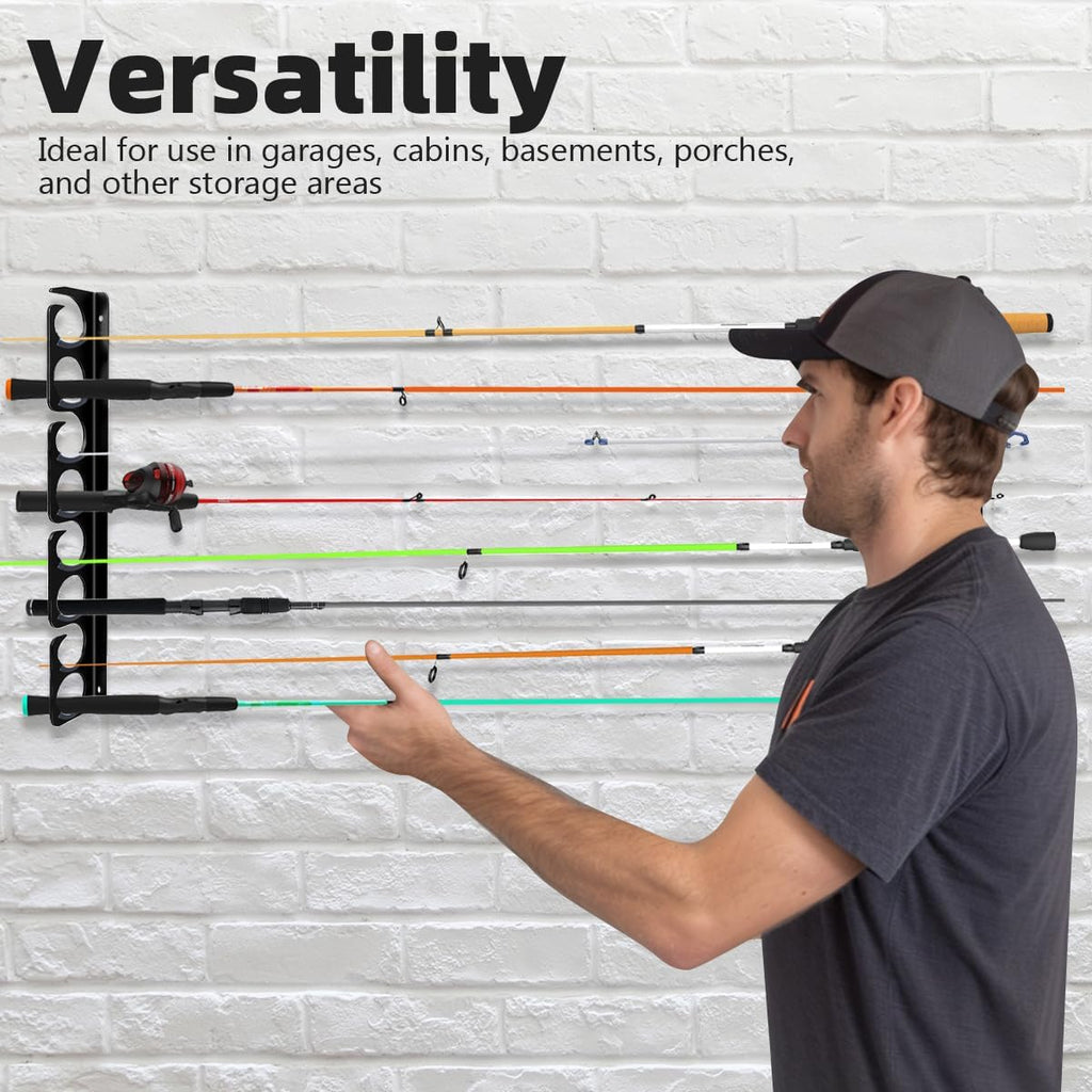 Wall or Ceiling Fishing Rod Storage Rack Vertical Horizontal Holder with 16 Capacity Fishing Rods Reels Mounted Roof Carrier Hooks Hanger for Garage Cabin and Basement Gear Accessories