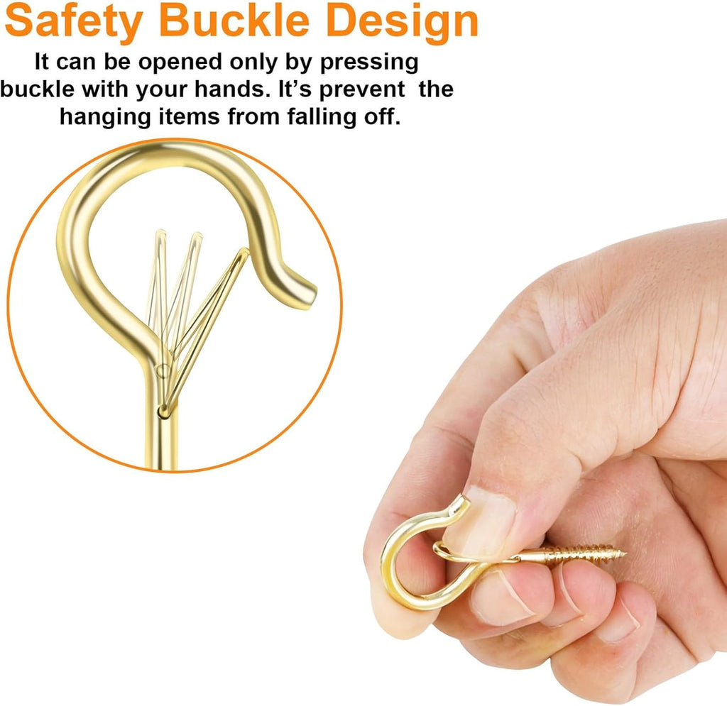 12 PCS Q-Hanger Hooks, Screw Hooks for Outdoor String Lights, Safety Buckle Design Cup Eye Hook for Hanging Christmas Lights, Plants, Wind Chimes, Mounted on Wall Ceiling, Windproof, Gold