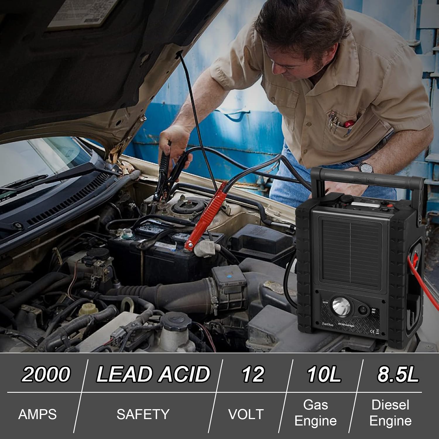 2000A Peak Car Battery Jump Starter with Air Compressor Tire Inflator, All in One Heavy Duty 12V Battery Jumper Box Car Start Booster Up to 10L Gas/8L Diesel Engines with 400W AC Inverter, LED Light