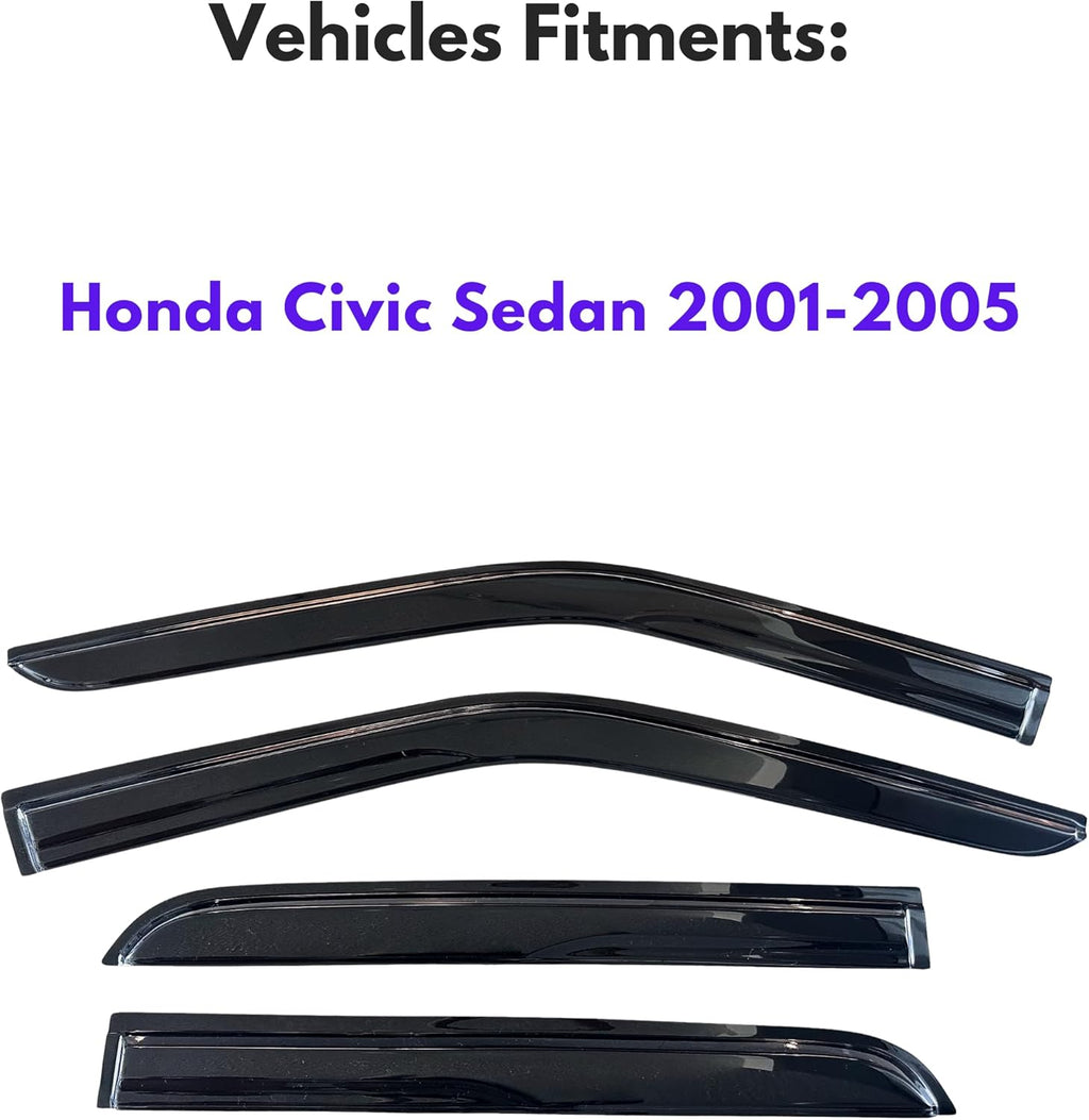 KPY Window Visor Compatible with Honda Civic Sedan 2001-2005, 4PC Rain Guard Side Window Vent Deflectors Tape-On Mugen Style, 2001 2002 2003 2004 2005