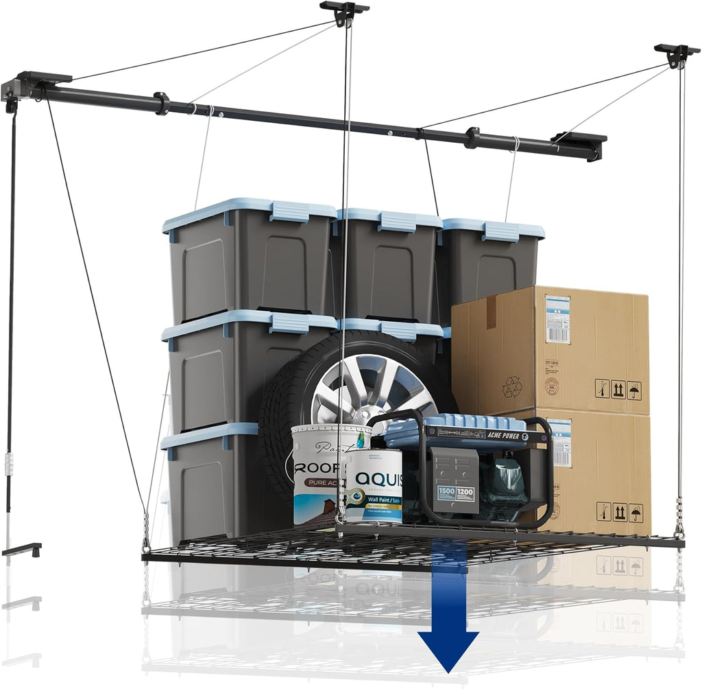 FLEXIMOUNTS GL1 Overhead Garage Lifting Storage Rack, 4x4 Ft Heavy-Duty Metal Garage Ceiling Rack, Adjustable Organization System With 71''L Axle, 300lbs Weight, Black