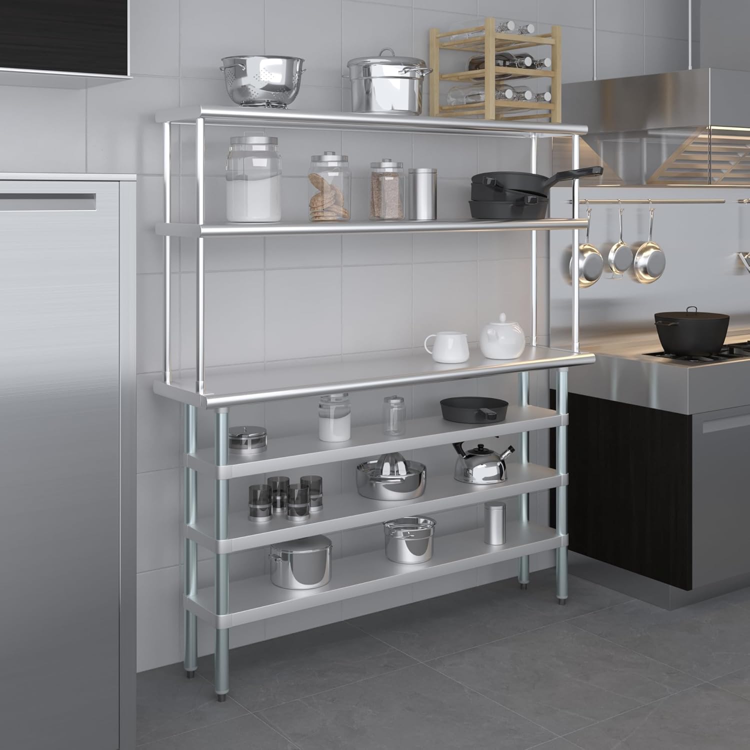 Amgood 14" x 60" Stainless Steel Work Table with 3 Shelves and 12" Wide Double Tier Overshelf | Metal Kitchen Prep Table & Shelving Combo | NSF