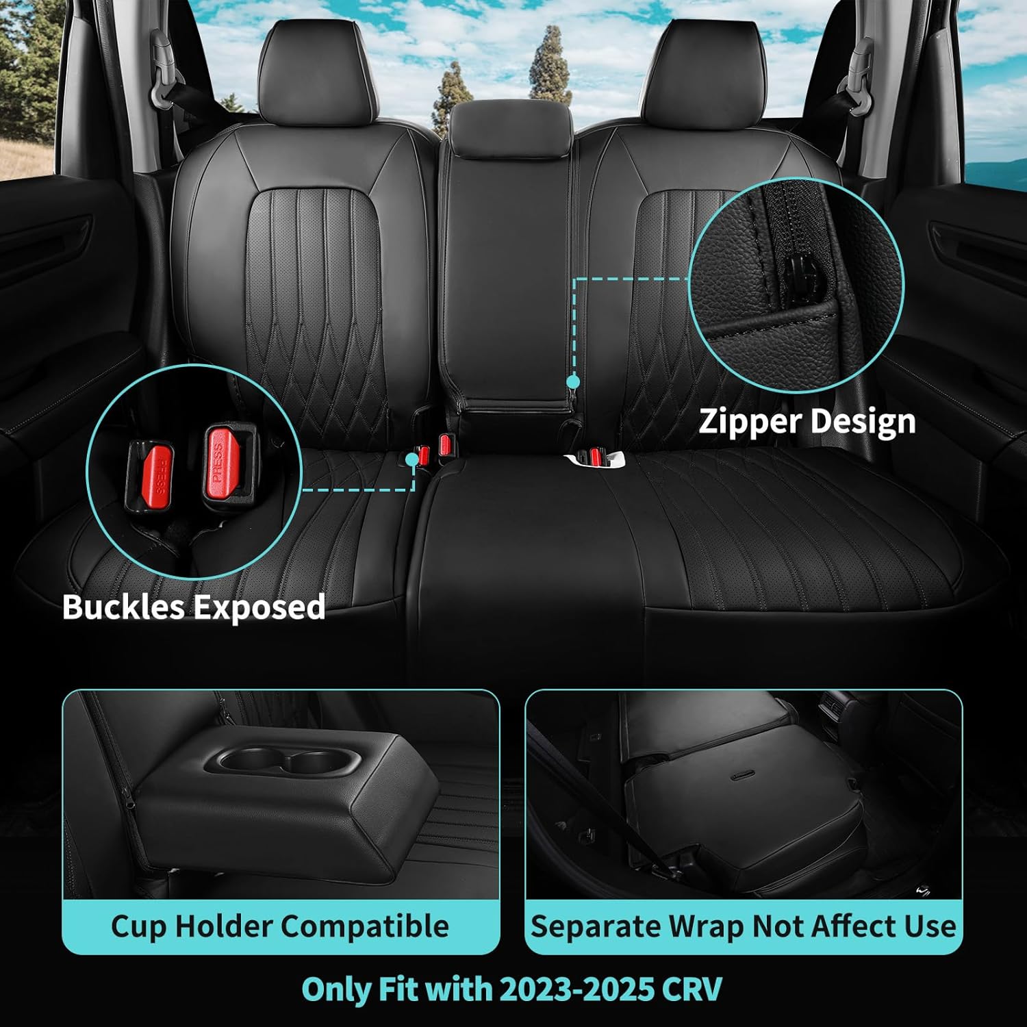 Seat Covers for Honda CRV 2023 2024 2025 2026 EX/EXL/LX/Sport/Touring/Special Edition, Hybrid & Gas, 1:1 Custom Leather Seat Covers Full Set - Black