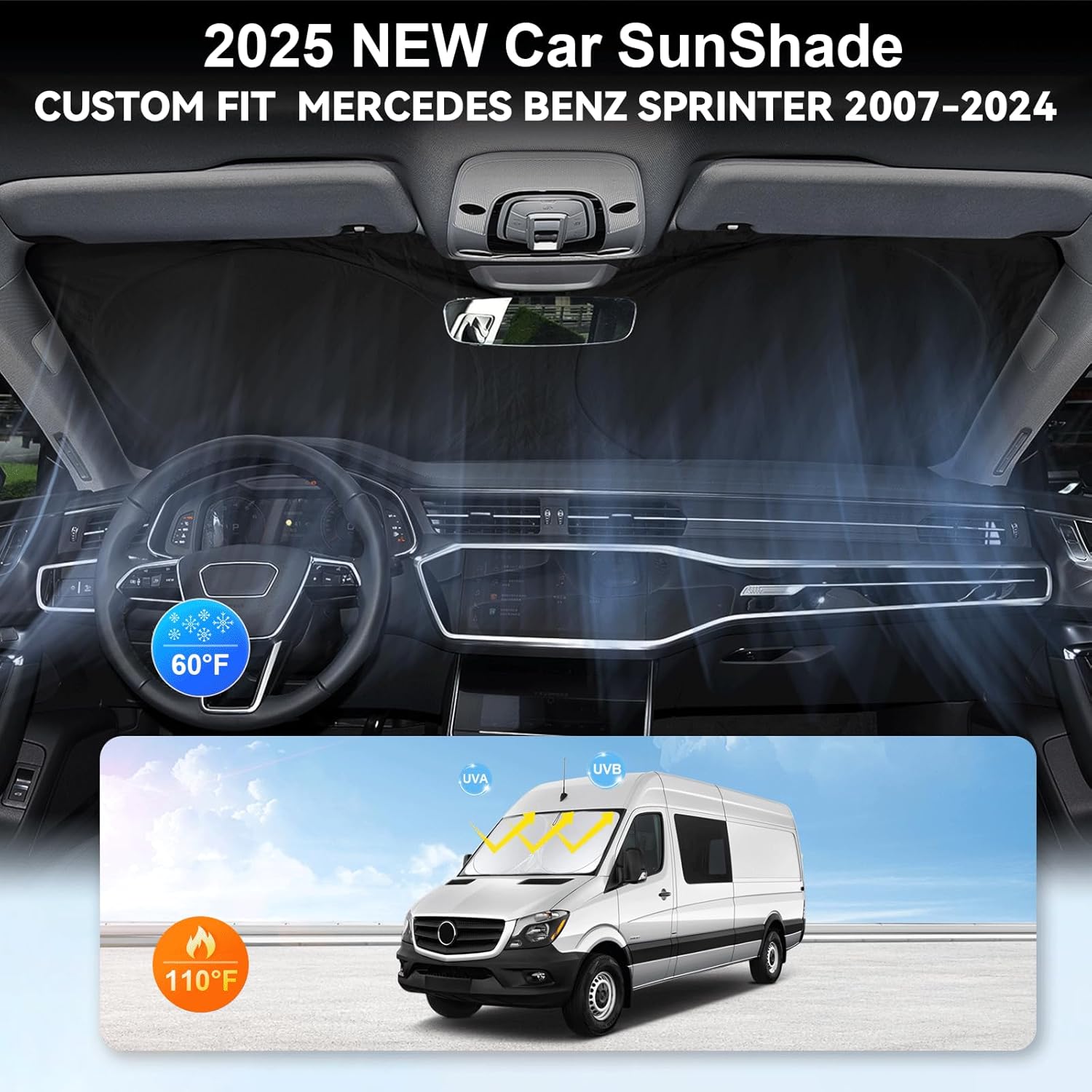 Custom Fit Benz Sprinter Windshield Sunshade for 2007-2025 2026 Mercedes Benz Sprinter Freightliner Cargo Crew Passenger Motorhome Accessories Window Shades Cover for Windshield Sun Visor Blocks UV