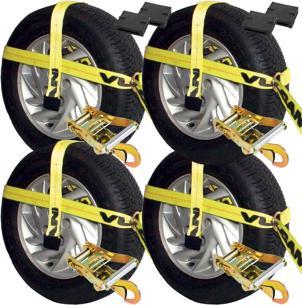 VULCAN Car Tie Down Kit - Adjustable Loop - Snap Hooks - Classic Yellow - Complete Kit Includes 4 Straps and 4 Ratchets