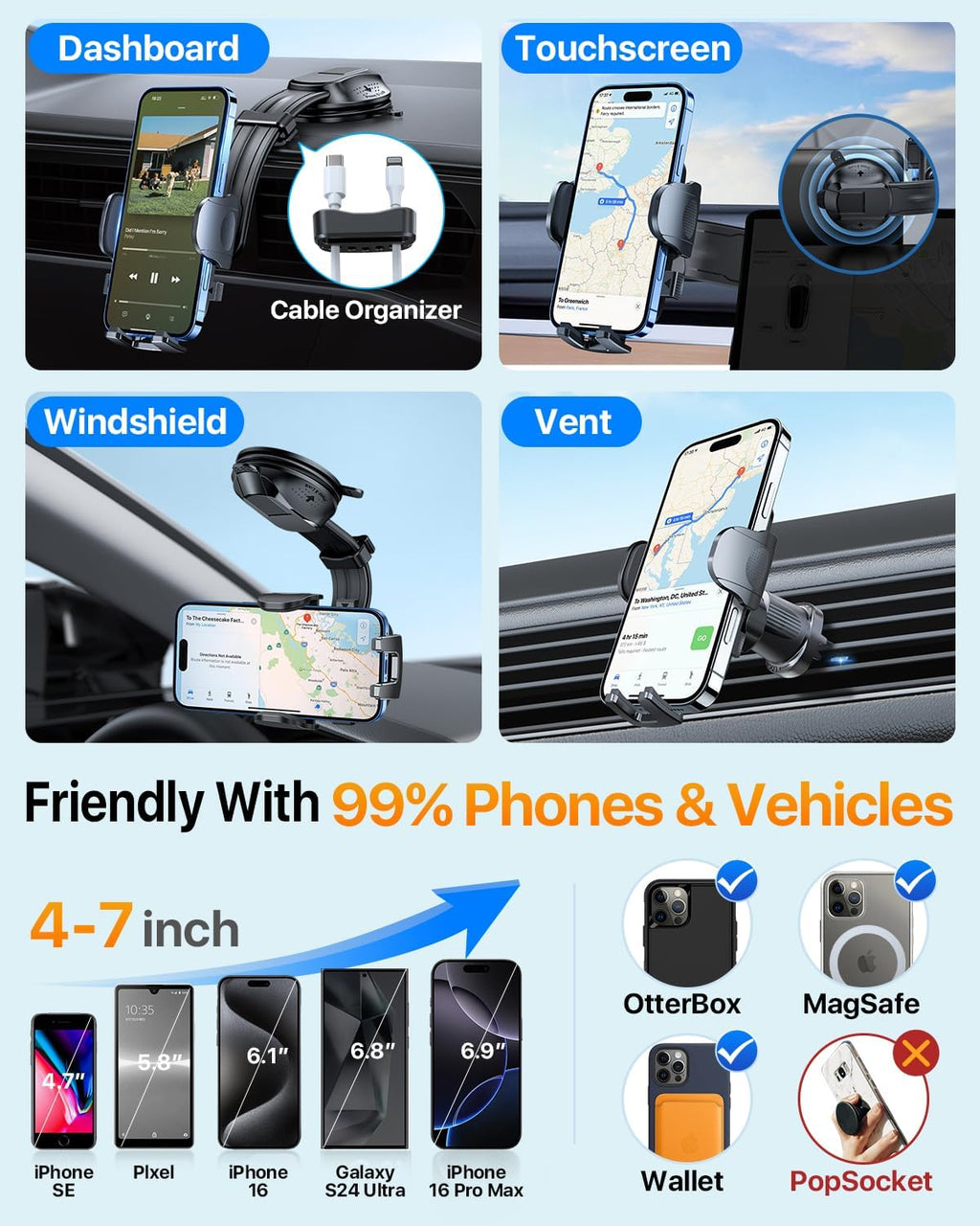 HTU Upgraded Strongest Suction Car Phone Holder Bendable Arm, Never Block View Rotatable Cellphone Mount for Dashboard Windshield Vent, Cradle Stand for iPhone 16 15 14 13 12 Pro Max (Grape Purple)