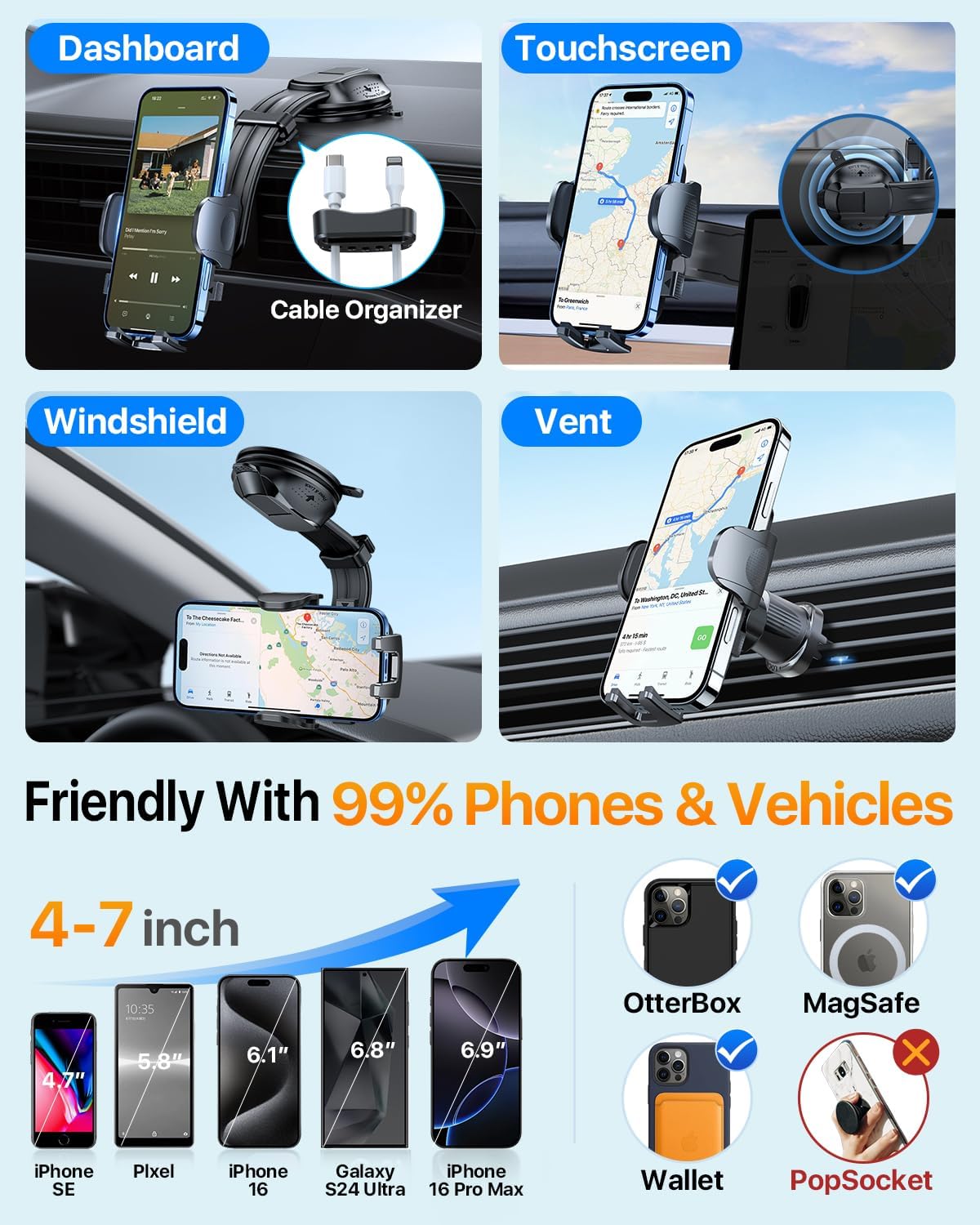 HTU Upgraded Strongest Suction Car Phone Holder Bendable Arm, Never Block View Rotatable Cellphone Mount for Dashboard Windshield Vent, Cradle Stand for iPhone 16 15 14 13 12 Pro Max (Red)