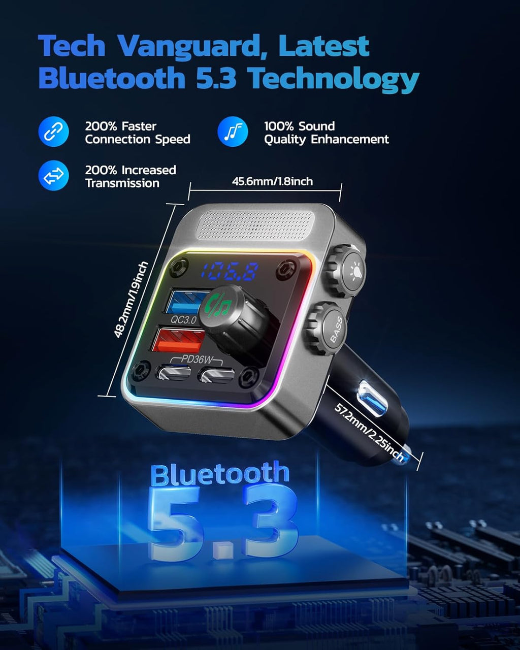 Nulaxy 54W Bluetooth 5.3 Car Adapter with 4 Charging Ports [PD 36W & QC3.0 18W], Wireless Radio FM Transmitter with Deep Bass Player & 5 Colors LED Backlit, Hands-Free Calling - Silver