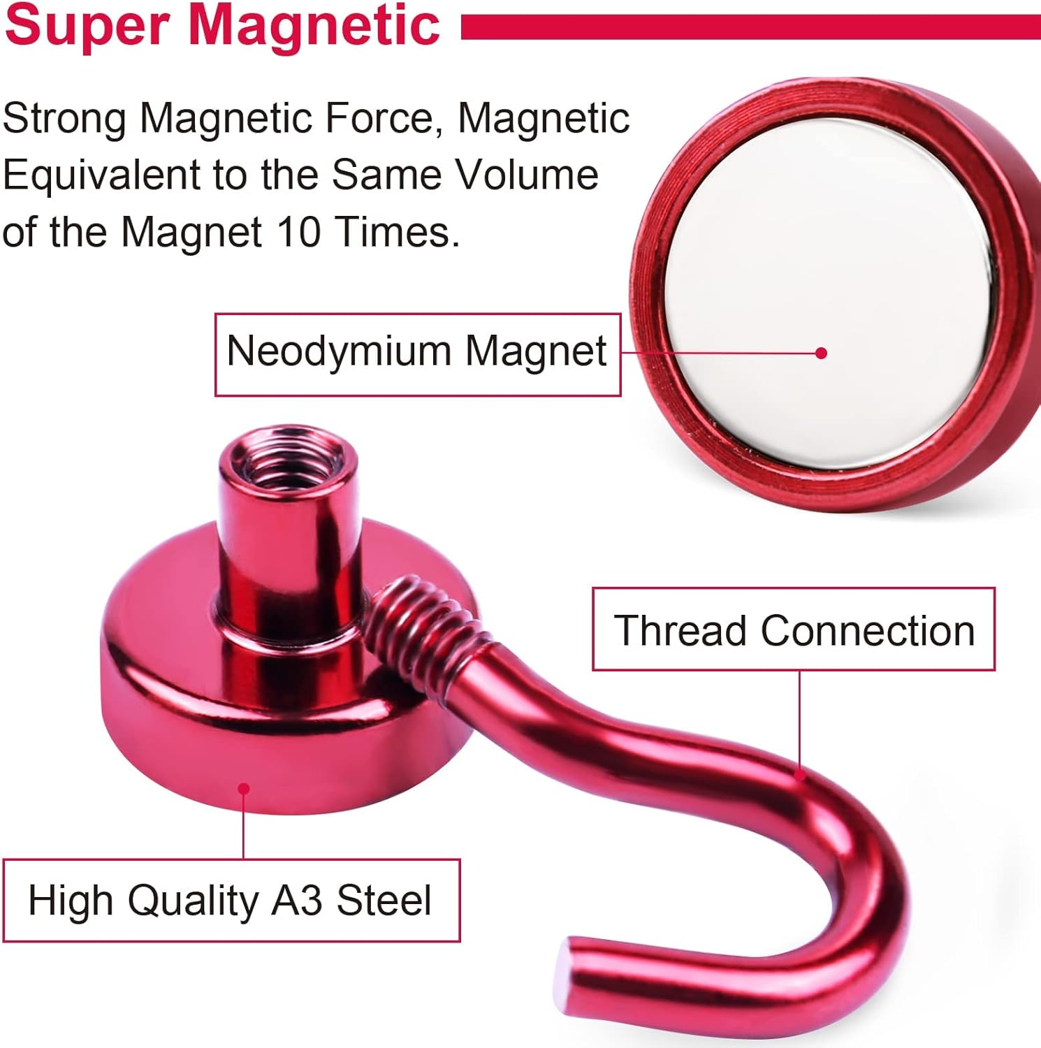 DIYMAG Magnetic Utility Hooks, 30Lbs Heavy Duty Rare Earth Neodymium Magnet Hooks with Nickel Coating for Kitchen, Garage, Cruise, Classroom, Workplace and Office etc, 3 Packs (Red)