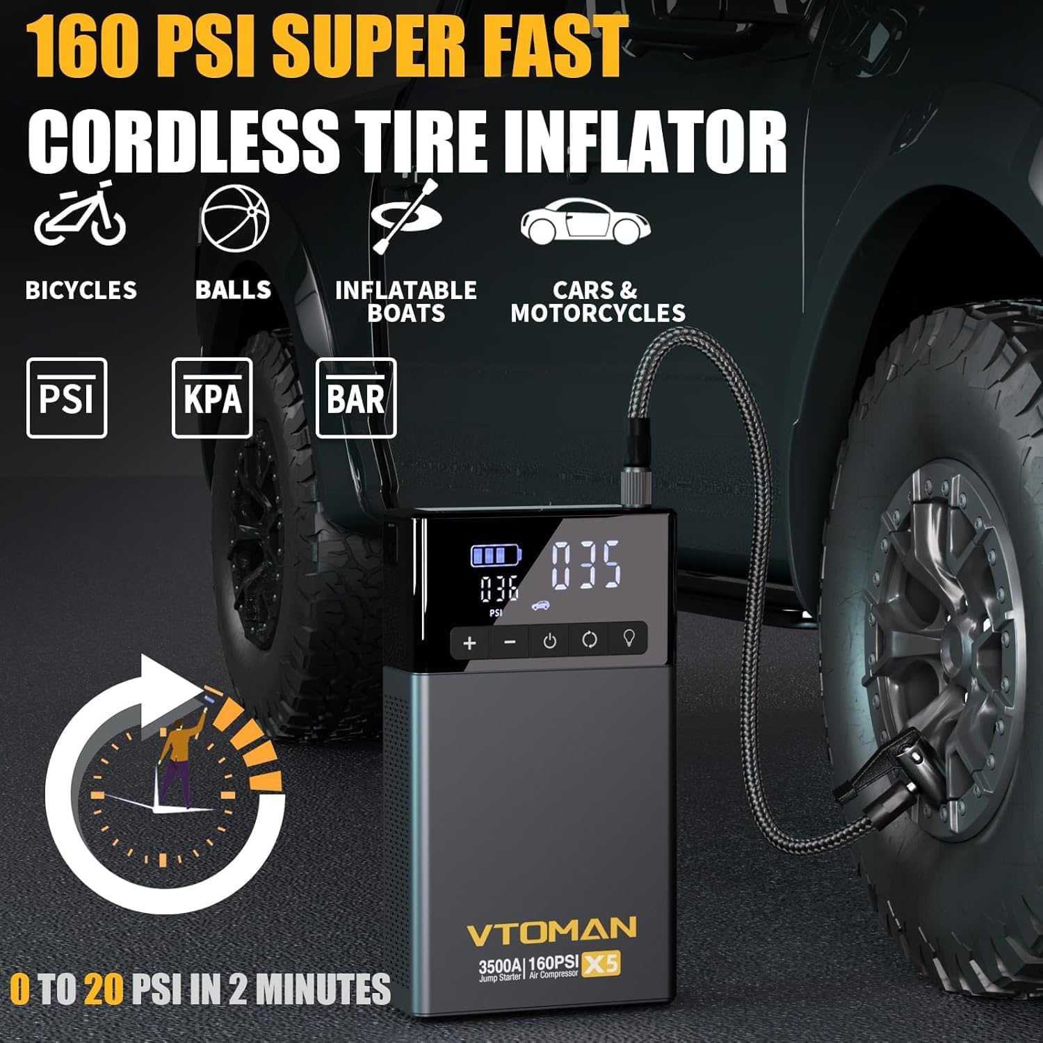 VTOMAN X5 Jump Starter with Air Compressor, 3500A Portable Car Battery Booster (Up to 9L Gas/8L Diesel Engines) with 160PSI Digital Tire Inflator, 12V Lithium Battery Jump box with Type-C Quick Charge