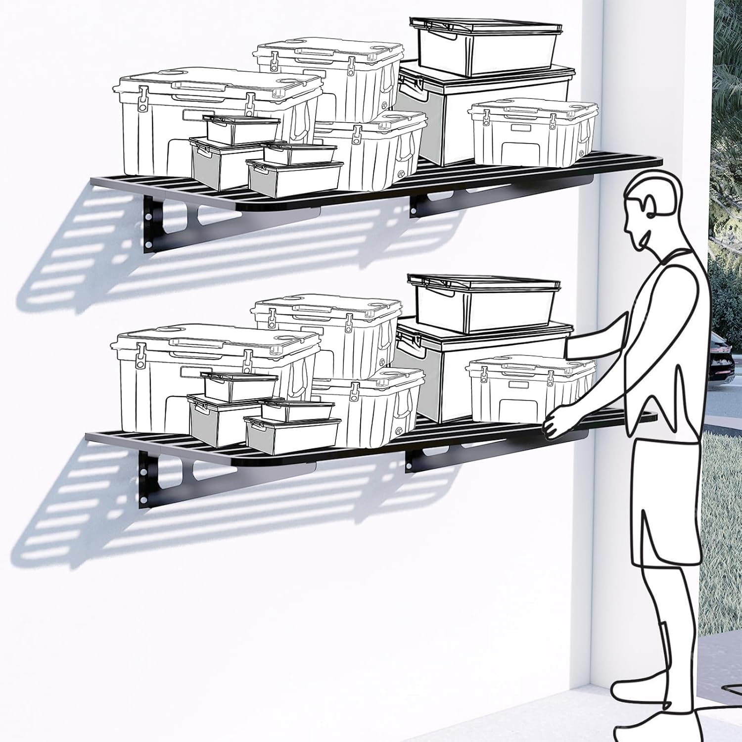 2-Pack 2x4ft Garage Wall Shelving, 2 Shelf Total 8 ft(L) Garage Wall Storage, Heavy-Duty Storage Shelves, Perfect for Holding Storage Bins, Boxes, Sporting Goods, Tools, and More. Space-Saving