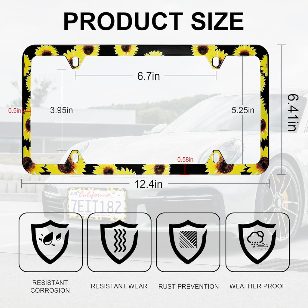LivTee Flower License Plate Frames, 4 Holes Stainless Steel License Plate Covers, 2PCS Car License Plate Holder, Automotive Exterior Accessories, Sunflower