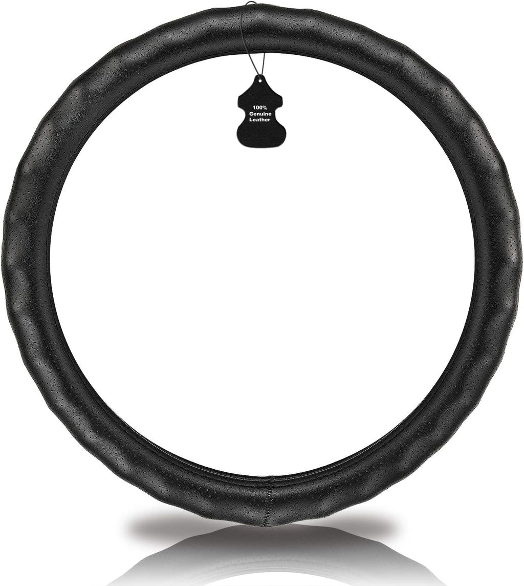 Haokay Heavy Duty Pure Cowhide Steering Wheel Cover, Black Genuine Leather Steering Wheel Cover Men Women Comfort Finger Grips Universal 14.5 to 15 Inch