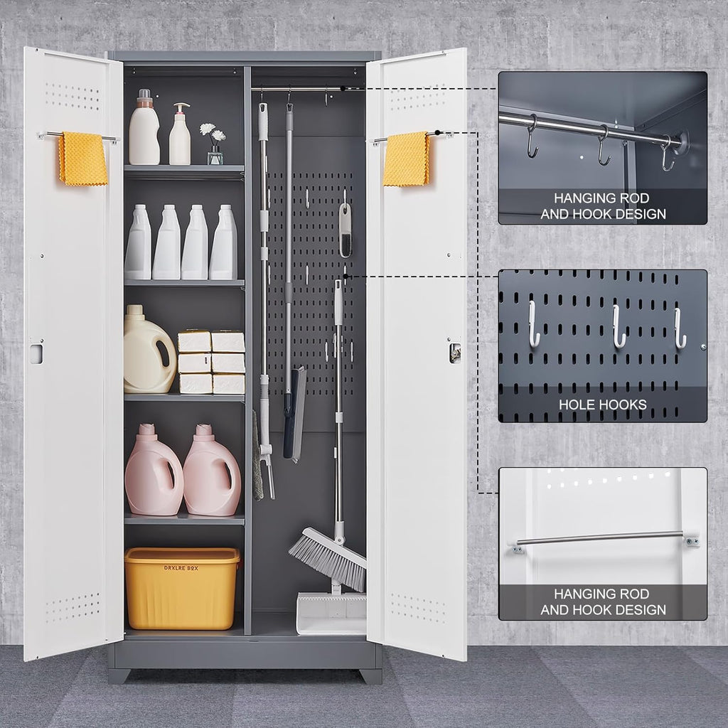 GREATMEET 72.8" Broom Storage Cabinet, Utility Cabinets for Brooms and Mops, Metal Storage Cabinets for Cleaning Supplies, Utility Closet for Garage, Grey&White