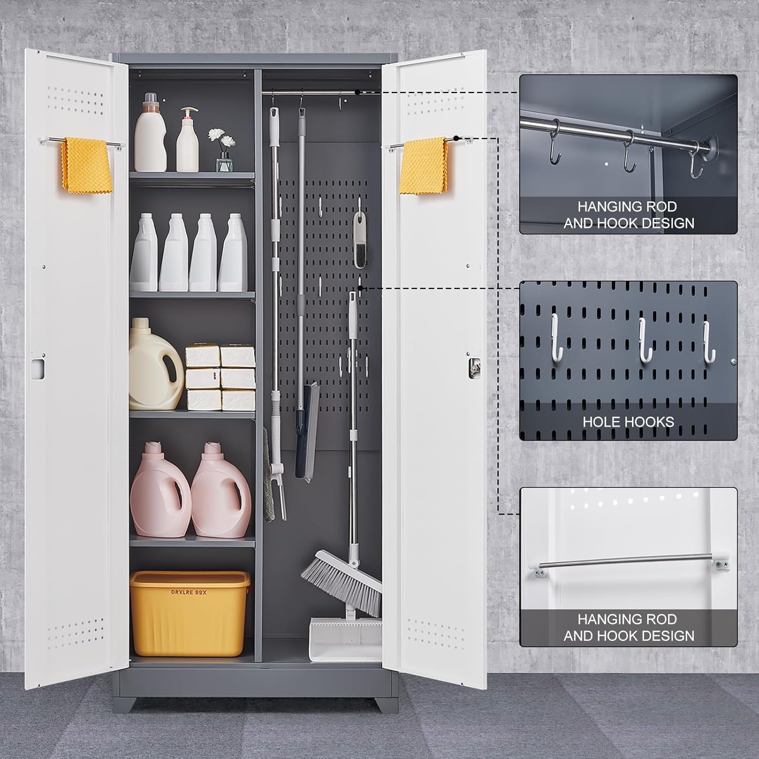 GREATMEET 72.8" Broom Storage Cabinet, Utility Cabinets for Brooms and Mops, Metal Storage Cabinets for Cleaning Supplies, Utility Closet for Garage, Grey&White