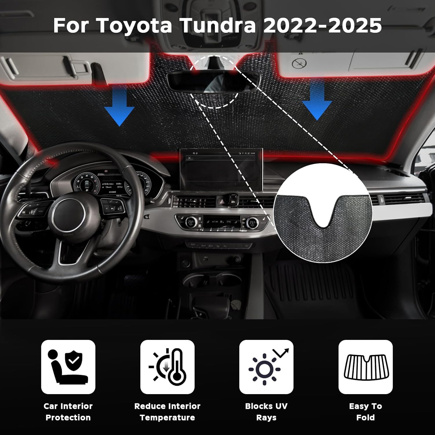 Windshield Sun Shade for Toyota Tundra 2022-2025 - 5-Layer Bubble Foldable Front Window Shade Sun Visor Accessories - Blocks Heat & UV Rays