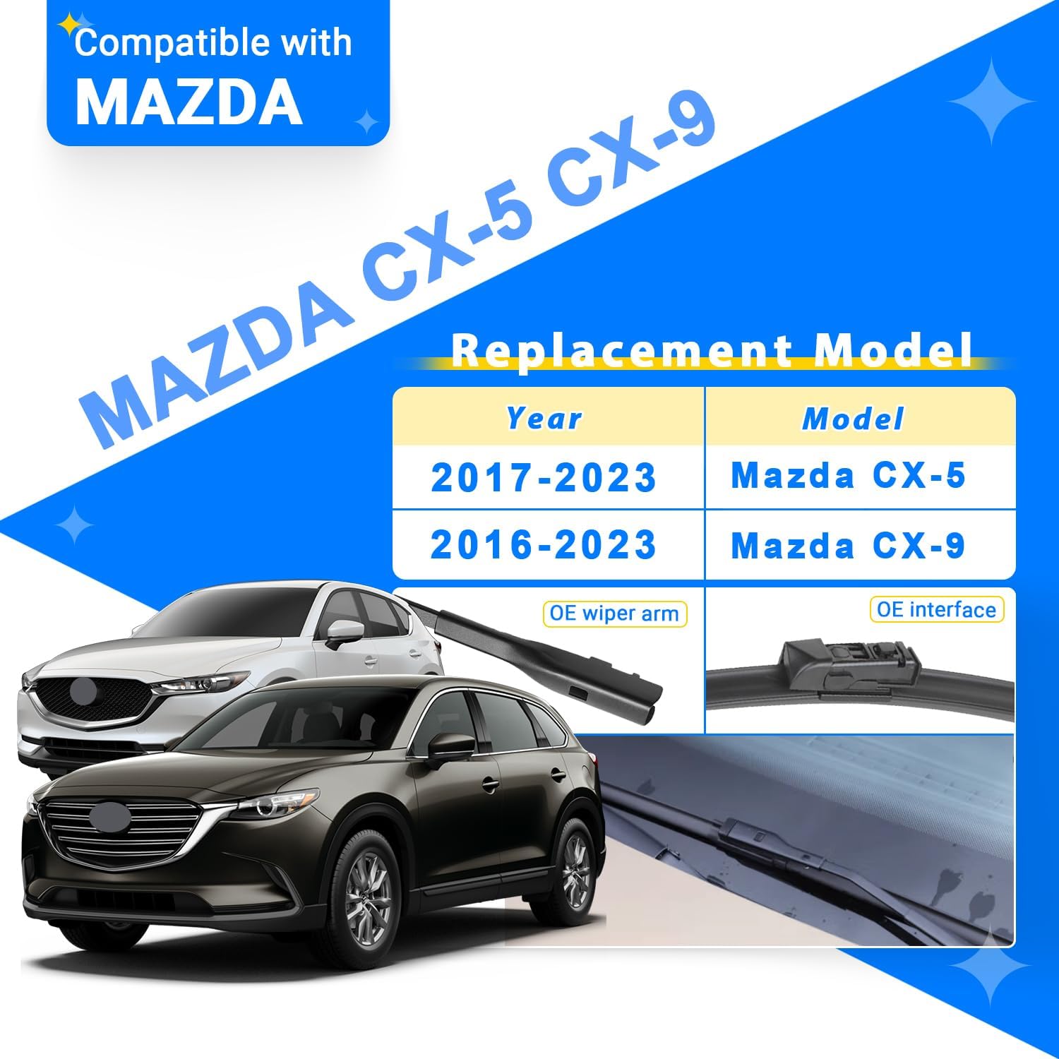Windshield Wiper Blades Replacement for Mazda CX-5 CX-9 2017 2018 2019 2020 2021 2022 2023 CX5 CX9 Original Factory Quality Front Rear Wipers Blade Set for My Car - 24" 18" 14" (Pack of 3)