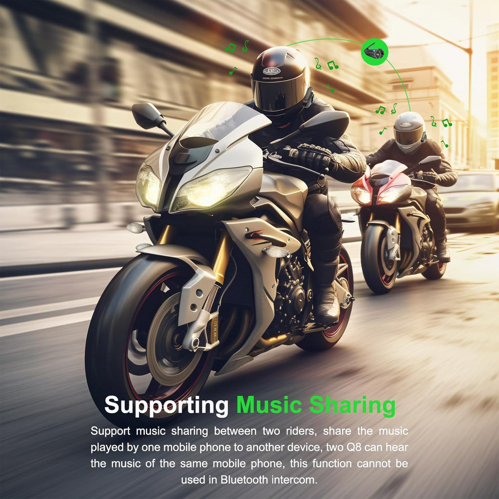 EJEAS Q8 2PC Motorcycle Bluetooth Headset, Upgraded Mesh 3.0 Intercom System with Music Sharing and IP67 Waterproof for 6 Riders Group Talking