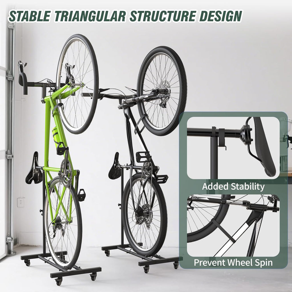 Vertical Bike Stand, Upright Bike Parking Rack Floor, Adjustable Bicycle Storage for Wheels Sizes up to 29", Freestanding Bicycle Organizer with Swivel Casters, Indoor Bike Holder for Garage Apartment