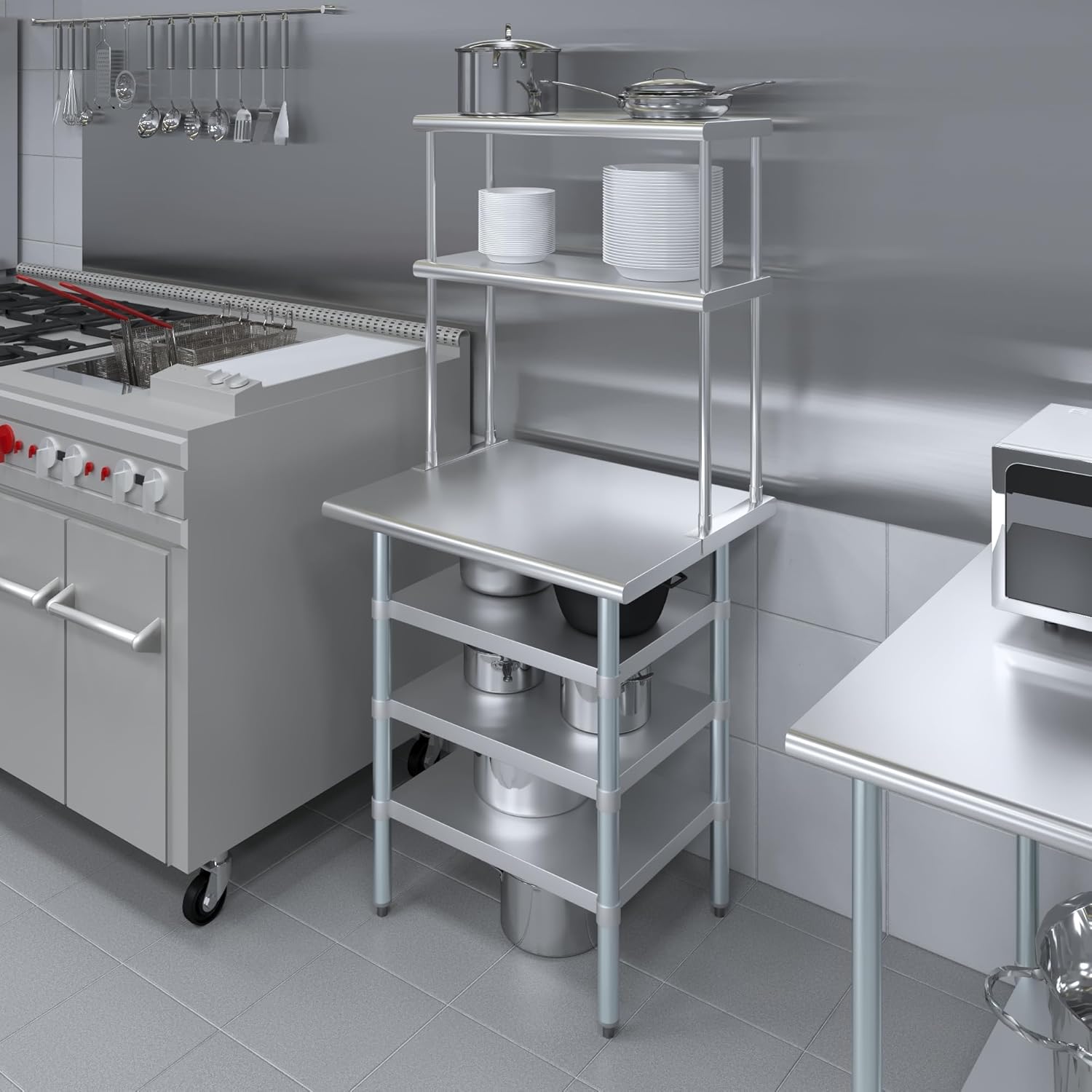 Amgood 24" x 30" Stainless Steel Work Table with 3 Shelves and 12" Wide Double Tier Overshelf | Metal Kitchen Prep Table & Shelving Combo | NSF