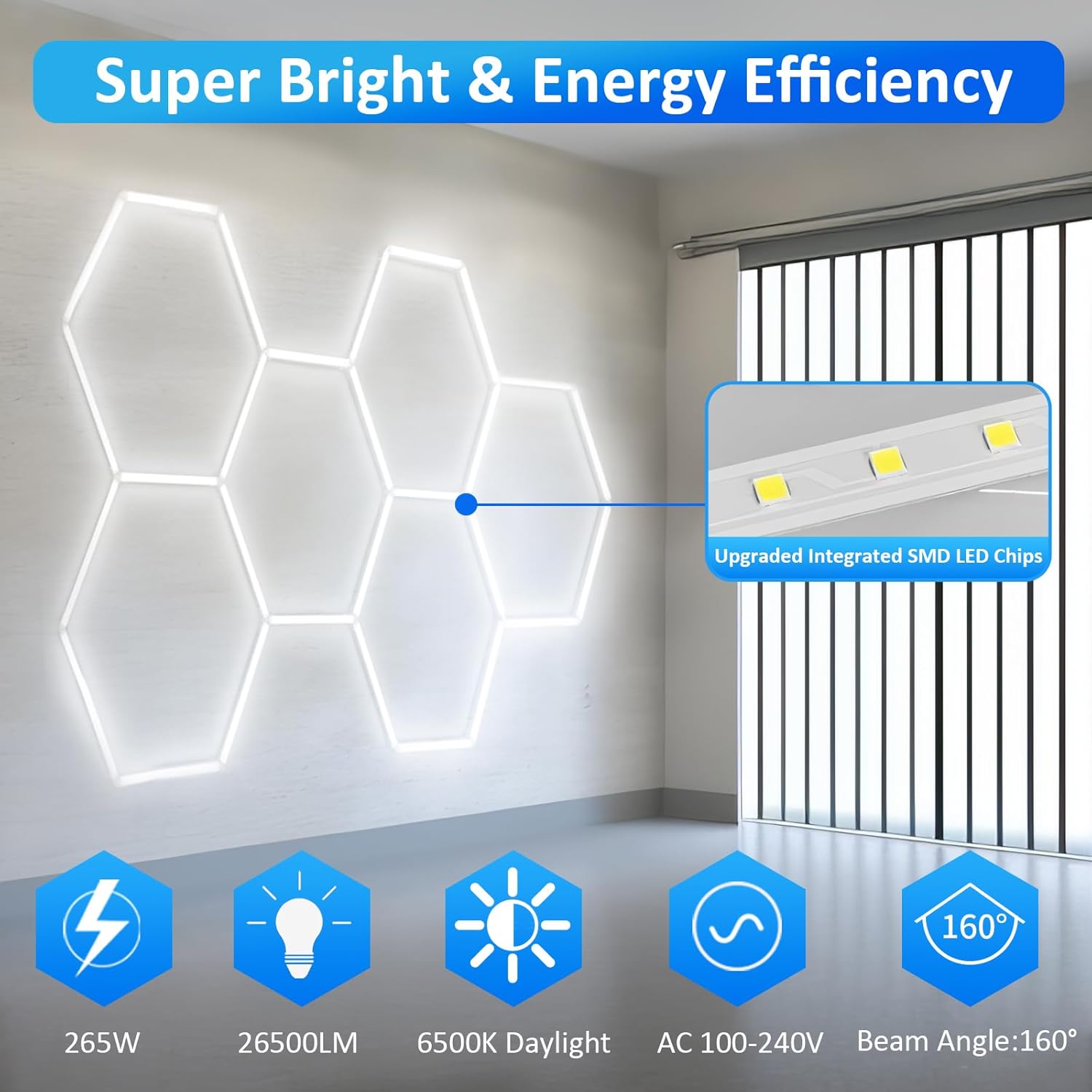 tewei Hexagon LED Garage Light, 6 Grids Hexagon Car Detailing Lighting Fixture 6500K Daylight White LED Shop Light, 265W, 26500LM Super Bright Ceiling Lights for Workshop, Warehouse, Gym, Basement