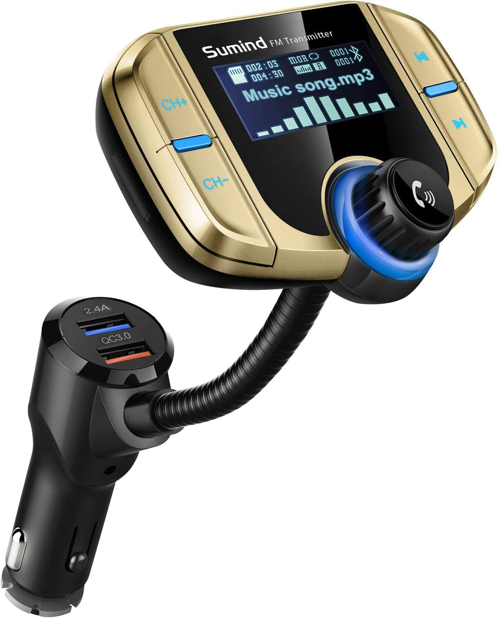 Upgraded Bluetooth FM Transmitter, Wireless Radio Adapter Hands Free Car Kit with 1.7'' Display, QC3.0 and Smart 2.4Amp Dual USB Ports, AUX Input/Output, TF Card Mp3 Player (Normal, Golden)